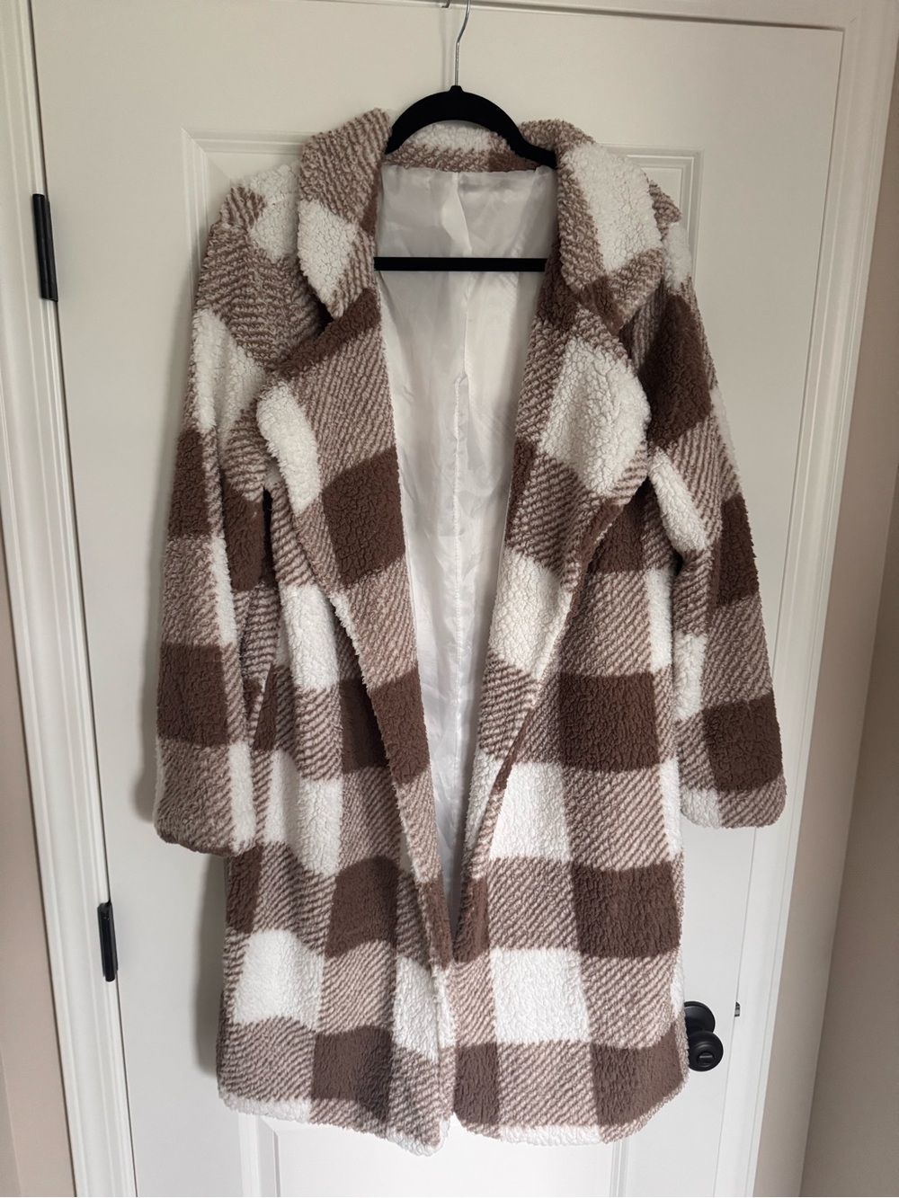 SHEIN Cream & Brown Buffalo Check Teddy Coat